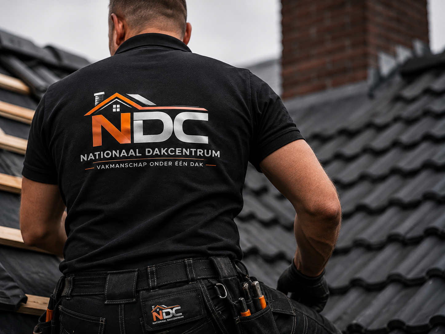 Dakdekker van Nationaal Dakcentrum in zwarte NDC-werkkleding op een Nederlands pannendak naast een gemetselde schoorsteen